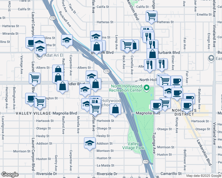 map of restaurants, bars, coffee shops, grocery stores, and more near 5334 Irvine Avenue in Los Angeles