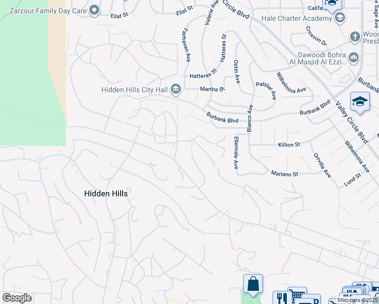 map of restaurants, bars, coffee shops, grocery stores, and more near 5845 Hilltop Road in Hidden Hills