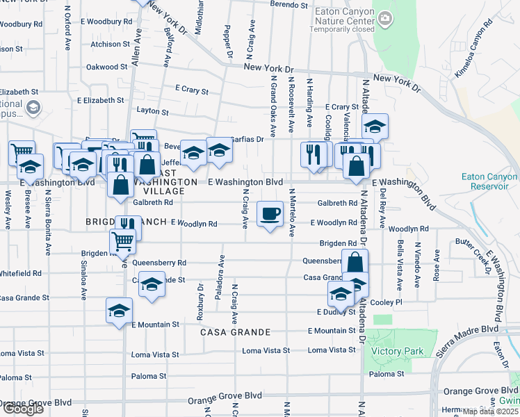 map of restaurants, bars, coffee shops, grocery stores, and more near 1282 North Craig Avenue in Pasadena