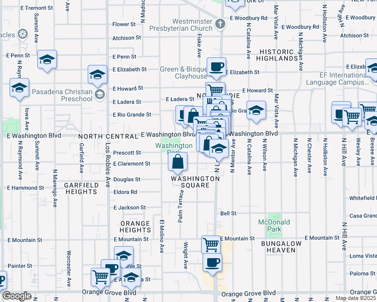 map of restaurants, bars, coffee shops, grocery stores, and more near in Pasadena