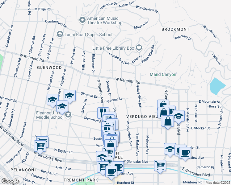 map of restaurants, bars, coffee shops, grocery stores, and more near 1440 Dorothy Drive in Glendale