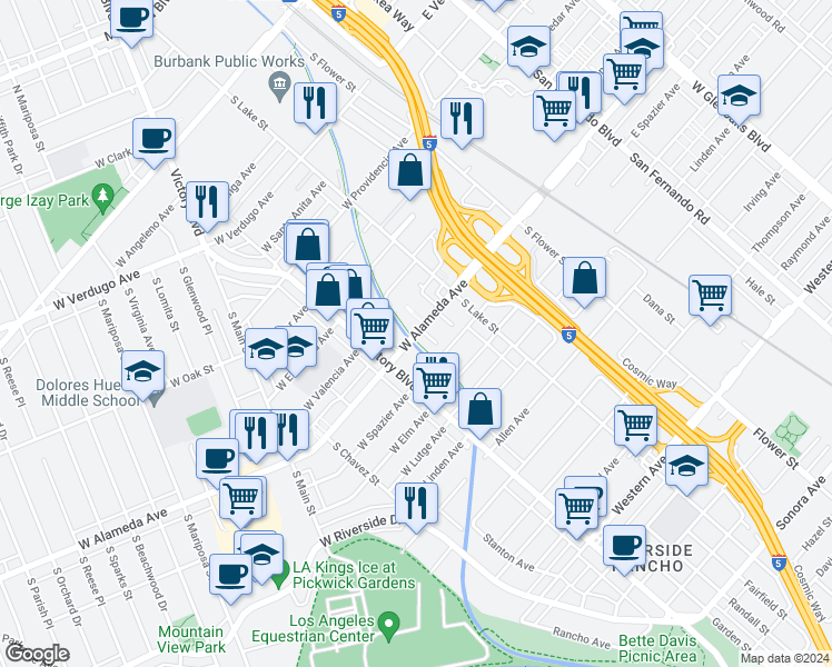 map of restaurants, bars, coffee shops, grocery stores, and more near 225 West Alameda Avenue in Burbank