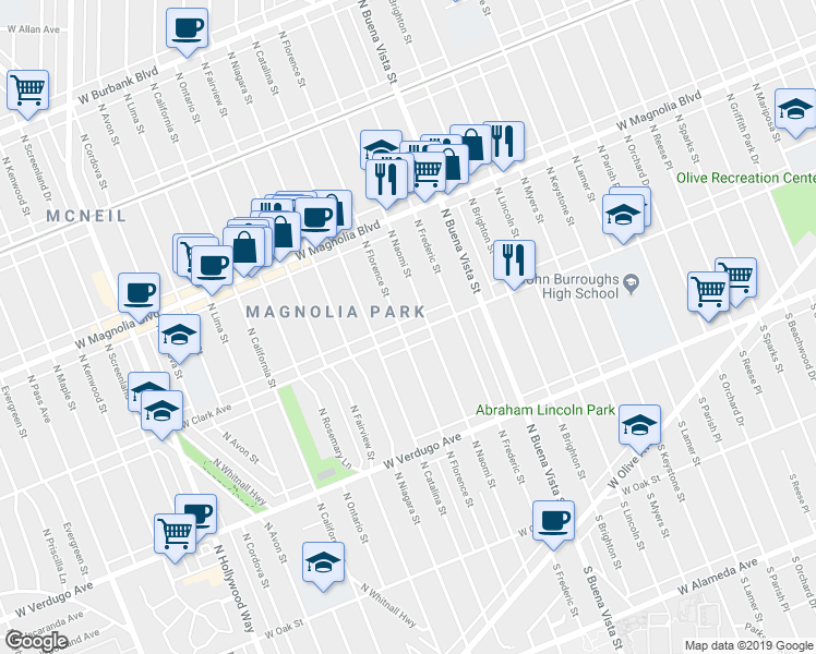 map of restaurants, bars, coffee shops, grocery stores, and more near 630 North Florence Street in Burbank