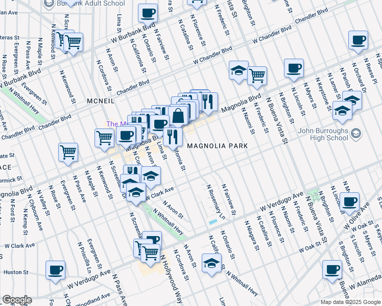 map of restaurants, bars, coffee shops, grocery stores, and more near 814 North Ontario Street in Burbank