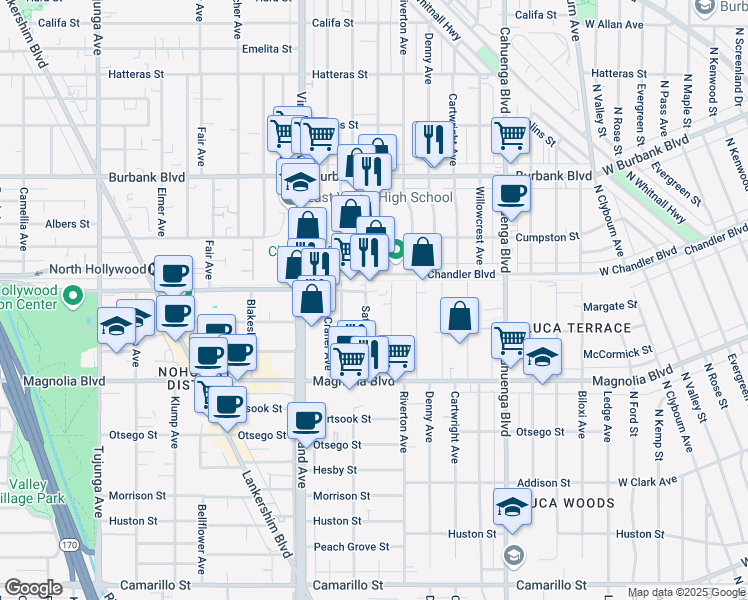 map of restaurants, bars, coffee shops, grocery stores, and more near 10822 Chandler Boulevard in Los Angeles