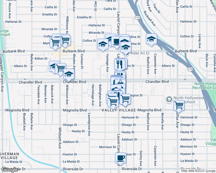 map of restaurants, bars, coffee shops, grocery stores, and more near 12151 Chandler Boulevard in Los Angeles