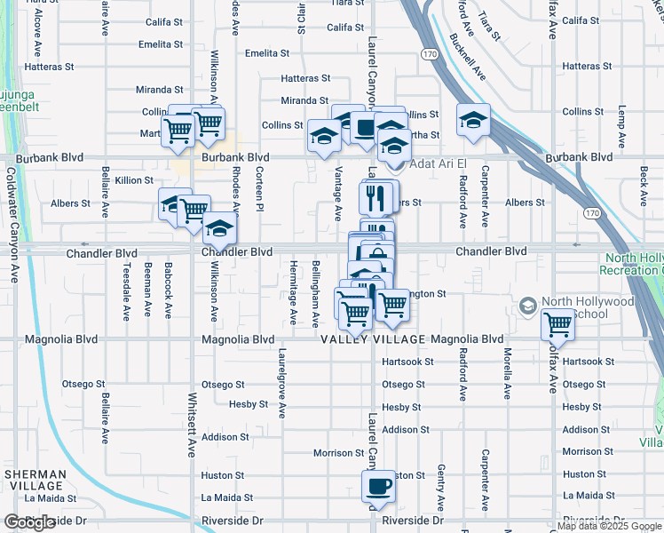 map of restaurants, bars, coffee shops, grocery stores, and more near 12151 Chandler Boulevard in Los Angeles