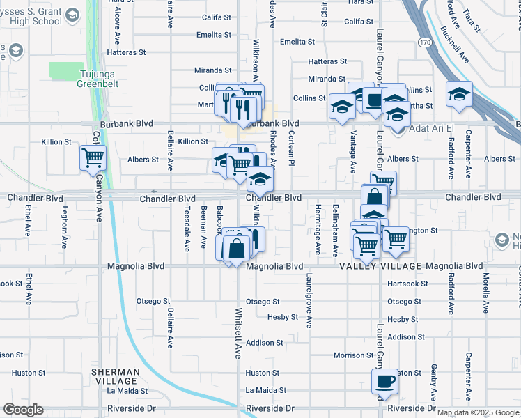 map of restaurants, bars, coffee shops, grocery stores, and more near 12419 Chandler Boulevard in Los Angeles