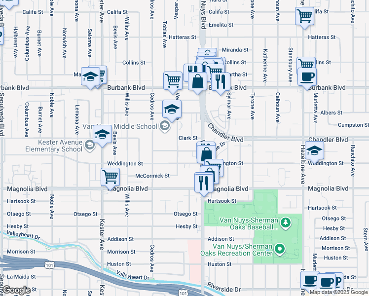 map of restaurants, bars, coffee shops, grocery stores, and more near 14560 Clark Street in Los Angeles
