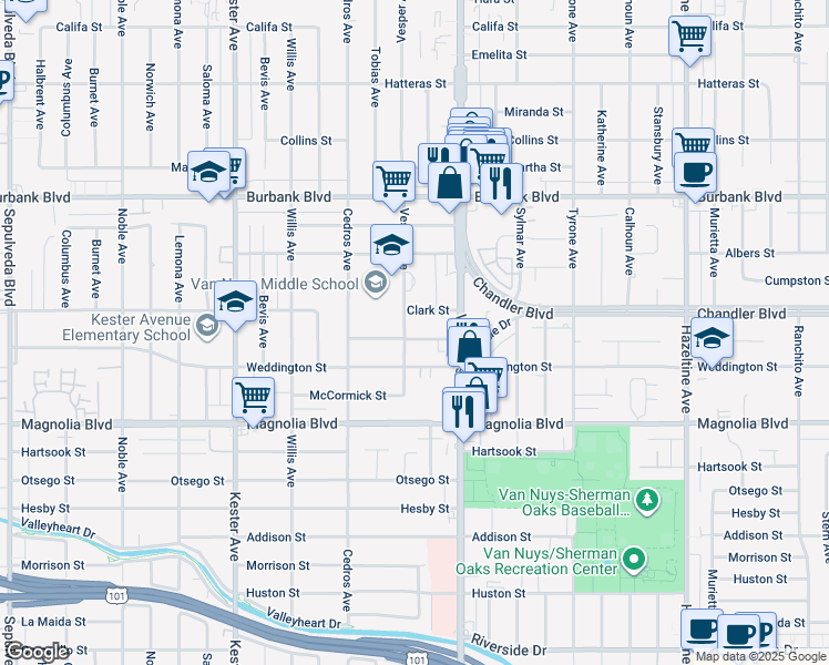 map of restaurants, bars, coffee shops, grocery stores, and more near 14560 Clark Street in Los Angeles