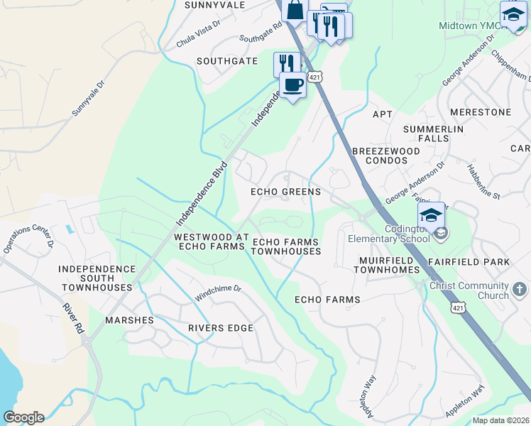 map of restaurants, bars, coffee shops, grocery stores, and more near 3928 Echo Farms Boulevard in Wilmington