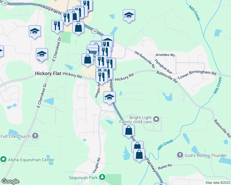 map of restaurants, bars, coffee shops, grocery stores, and more near 101 Saddlehorn Court in Woodstock