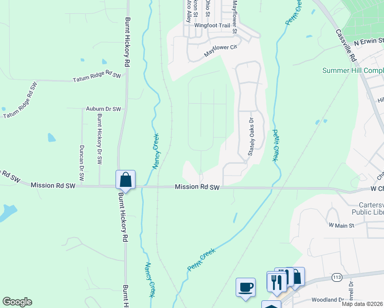 map of restaurants, bars, coffee shops, grocery stores, and more near 496 Mission Road Southeast in Cartersville