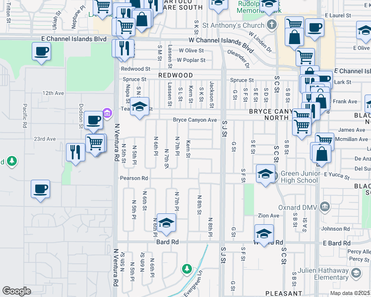 map of restaurants, bars, coffee shops, grocery stores, and more near 1835 Kern Street in Port Hueneme