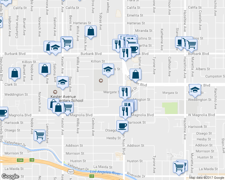 map of restaurants, bars, coffee shops, grocery stores, and more near 14545 Margate Street in Los Angeles