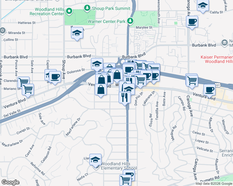 map of restaurants, bars, coffee shops, grocery stores, and more near 22041 Costanso Street in Los Angeles