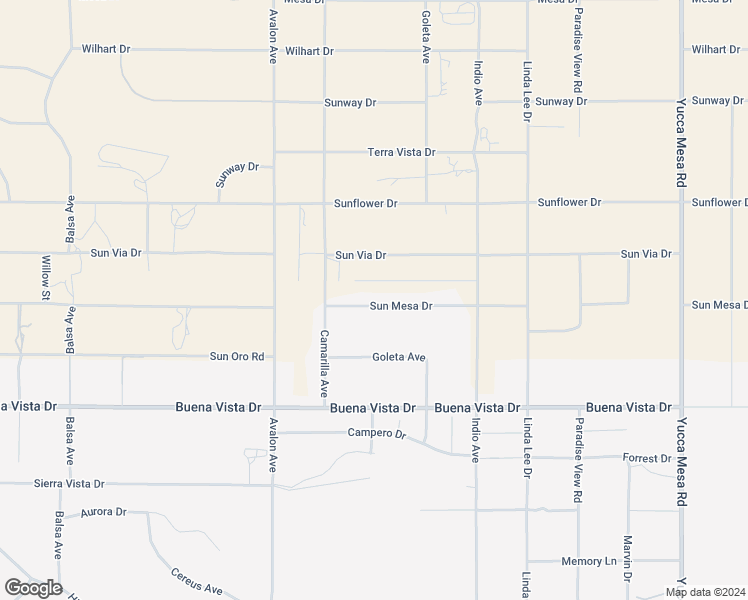 map of restaurants, bars, coffee shops, grocery stores, and more near Sun Mesa Drive in Yucca Valley