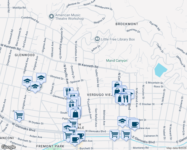 map of restaurants, bars, coffee shops, grocery stores, and more near 1429 Valley View Road in Glendale
