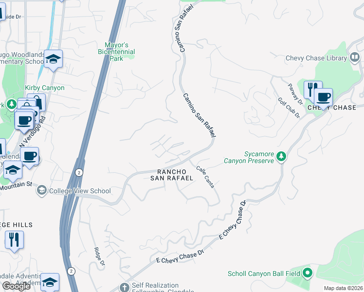 map of restaurants, bars, coffee shops, grocery stores, and more near 1942 Caminito De La Estrella in Glendale