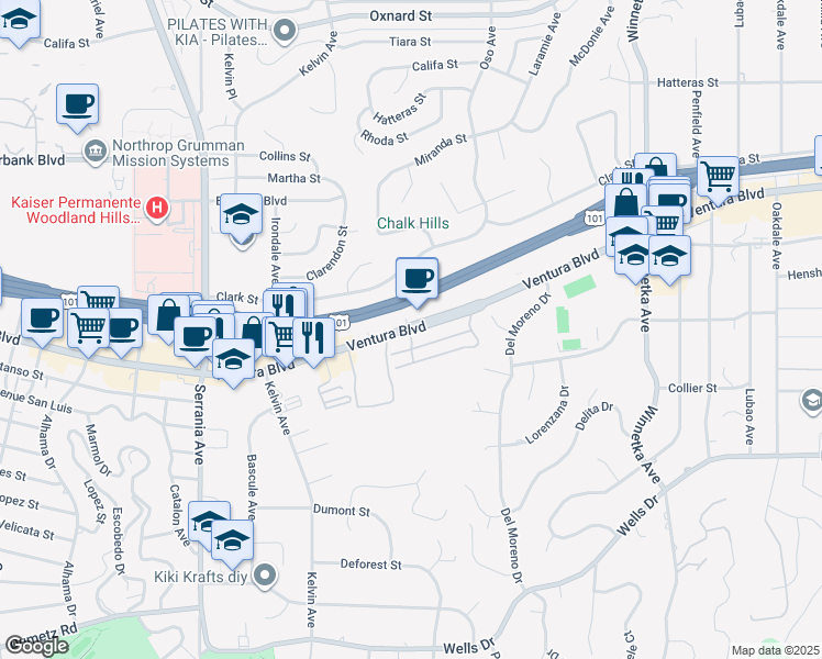 map of restaurants, bars, coffee shops, grocery stores, and more near 20548 Ventura Boulevard in Los Angeles