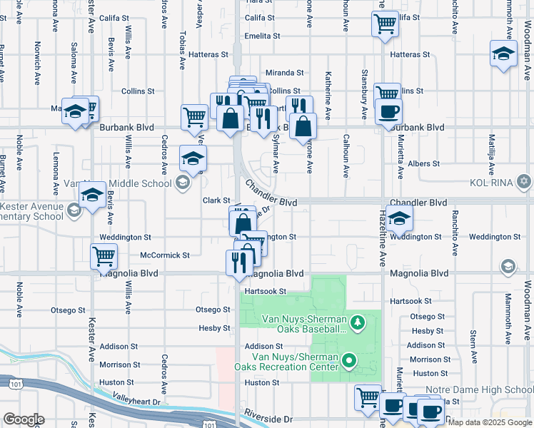 map of restaurants, bars, coffee shops, grocery stores, and more near 14400 Chandler Boulevard in Los Angeles