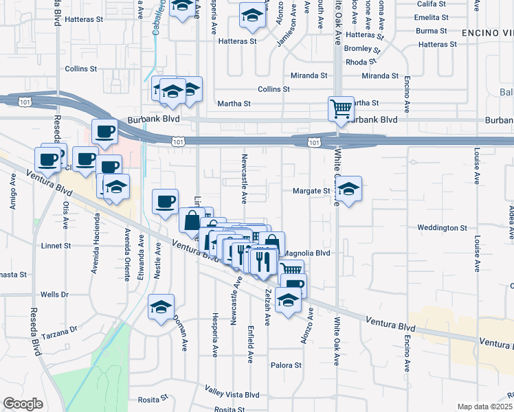 map of restaurants, bars, coffee shops, grocery stores, and more near 5328 Newcastle Avenue in Los Angeles