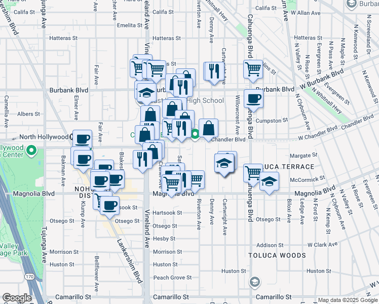 map of restaurants, bars, coffee shops, grocery stores, and more near 5335 Harmony Avenue in Los Angeles