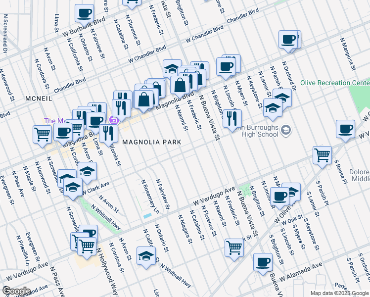 map of restaurants, bars, coffee shops, grocery stores, and more near 2715 West Clark Avenue in Burbank