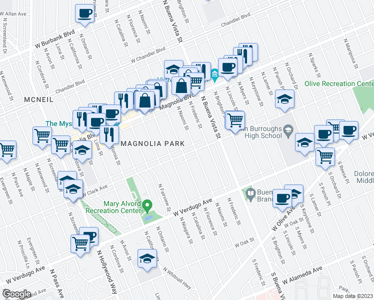 map of restaurants, bars, coffee shops, grocery stores, and more near 2717 West Clark Avenue in Burbank