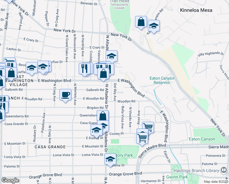 map of restaurants, bars, coffee shops, grocery stores, and more near 1253 Del Rey Avenue in Pasadena