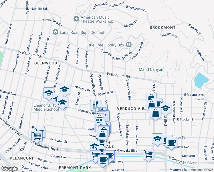 map of restaurants, bars, coffee shops, grocery stores, and more near 1440 Dorothy Drive in Glendale