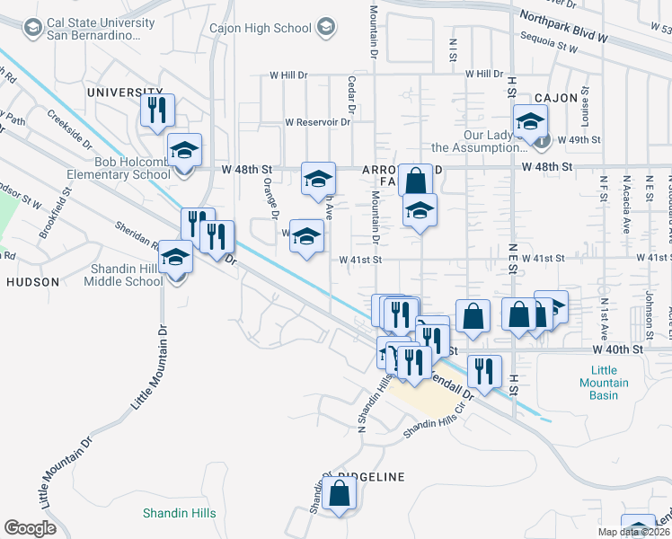 map of restaurants, bars, coffee shops, grocery stores, and more near 1199 West 41st Street in San Bernardino