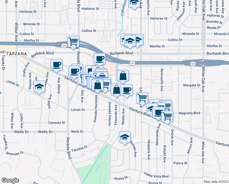 map of restaurants, bars, coffee shops, grocery stores, and more near 5325 Etiwanda Avenue in Los Angeles