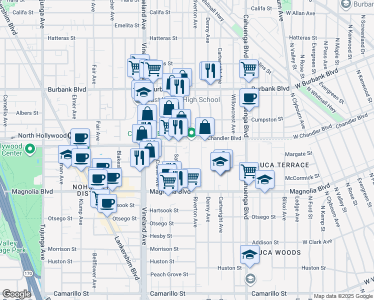 map of restaurants, bars, coffee shops, grocery stores, and more near 5335 Harmony Avenue in Los Angeles