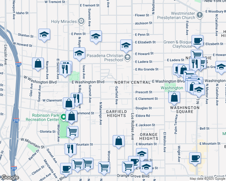 map of restaurants, bars, coffee shops, grocery stores, and more near 1279 Garfield Avenue in Pasadena