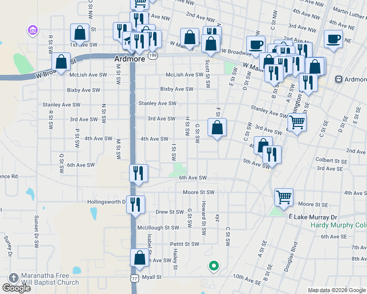 map of restaurants, bars, coffee shops, grocery stores, and more near 711 4th Avenue Southwest in Ardmore