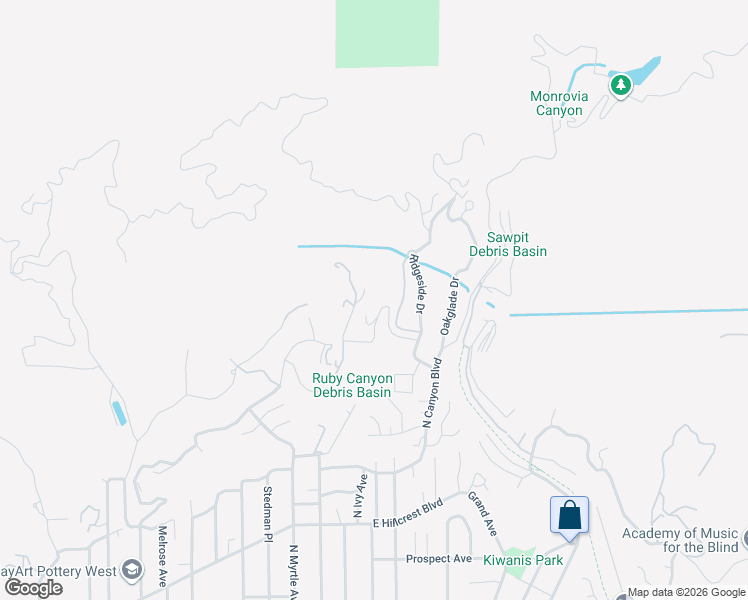 map of restaurants, bars, coffee shops, grocery stores, and more near 1091 Briarcliff Road in Monrovia