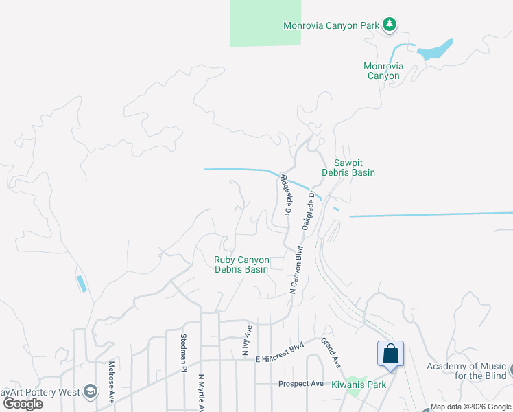 map of restaurants, bars, coffee shops, grocery stores, and more near 1109 Briarcliff Road in Monrovia