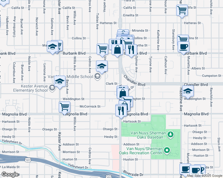 map of restaurants, bars, coffee shops, grocery stores, and more near 14535 Margate Street in Los Angeles