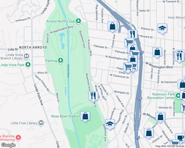 map of restaurants, bars, coffee shops, grocery stores, and more near 1240 North Arroyo Boulevard in Pasadena
