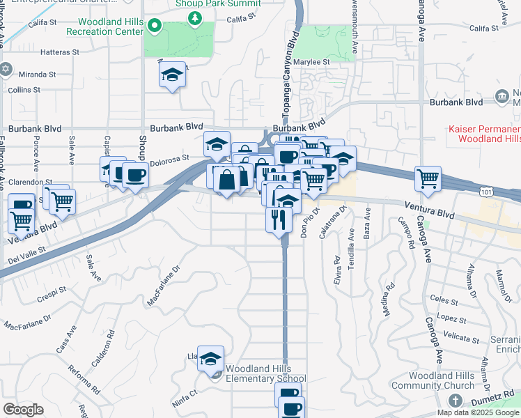 map of restaurants, bars, coffee shops, grocery stores, and more near 22041 Costanso Street in Los Angeles