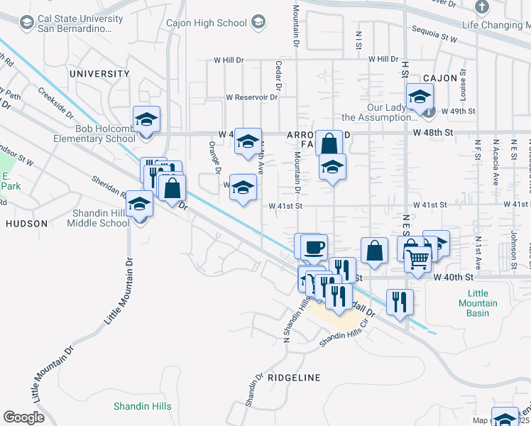 map of restaurants, bars, coffee shops, grocery stores, and more near 1199 West 41st Street in San Bernardino