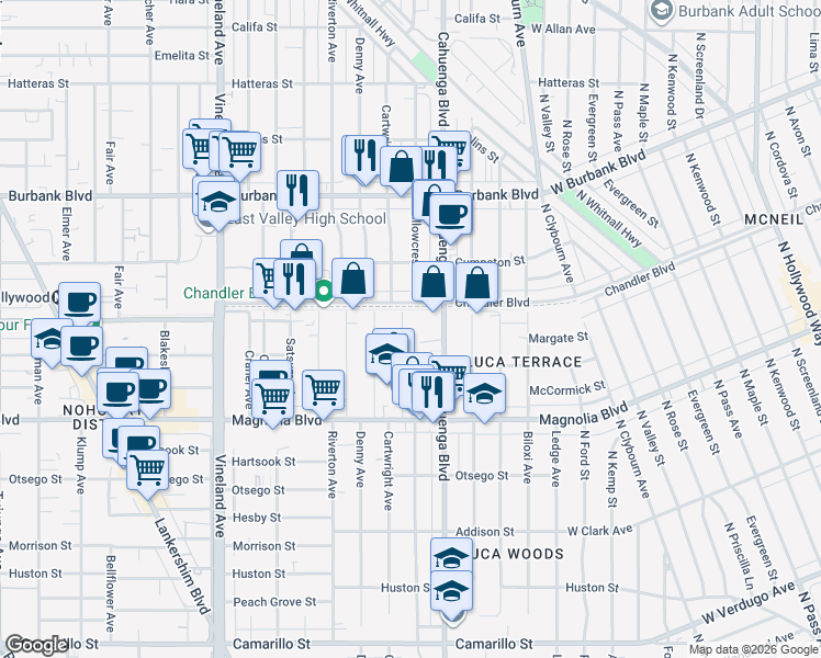 map of restaurants, bars, coffee shops, grocery stores, and more near 5338 Cartwright Avenue in Los Angeles