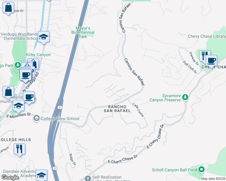 map of restaurants, bars, coffee shops, grocery stores, and more near 1930 Caminito Del Pilar in Glendale