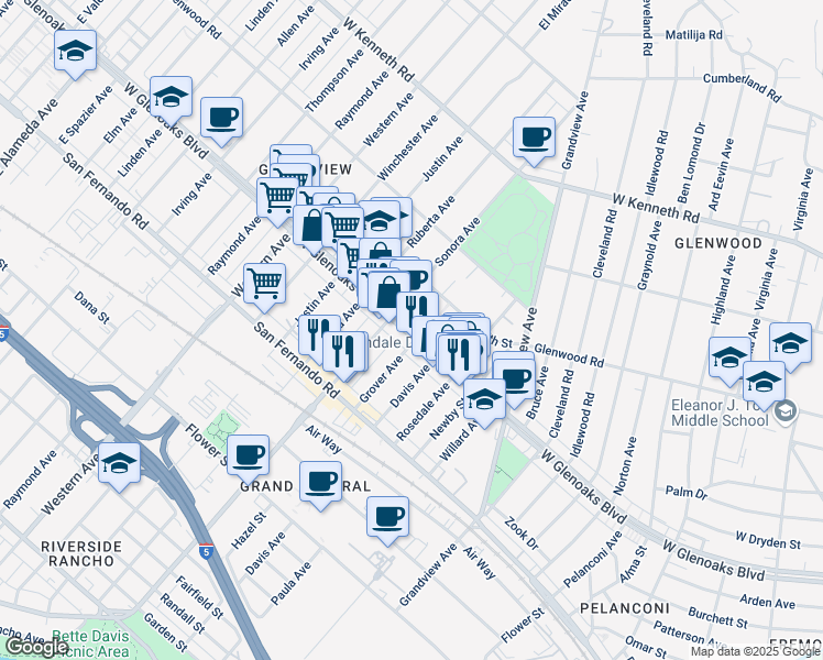 map of restaurants, bars, coffee shops, grocery stores, and more near 1437 W Glenoaks Blvd in Glendale