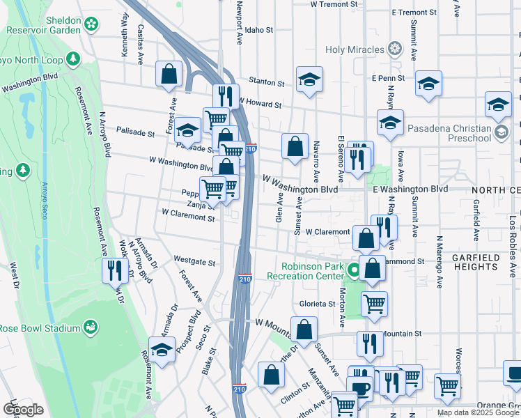 map of restaurants, bars, coffee shops, grocery stores, and more near 1268 Mentone Avenue in Pasadena