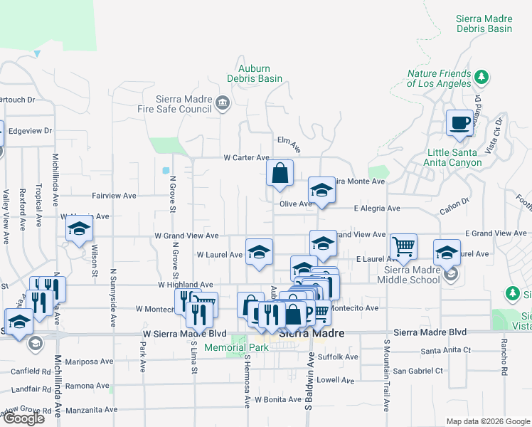 map of restaurants, bars, coffee shops, grocery stores, and more near 370 Olive Tree Lane in Sierra Madre