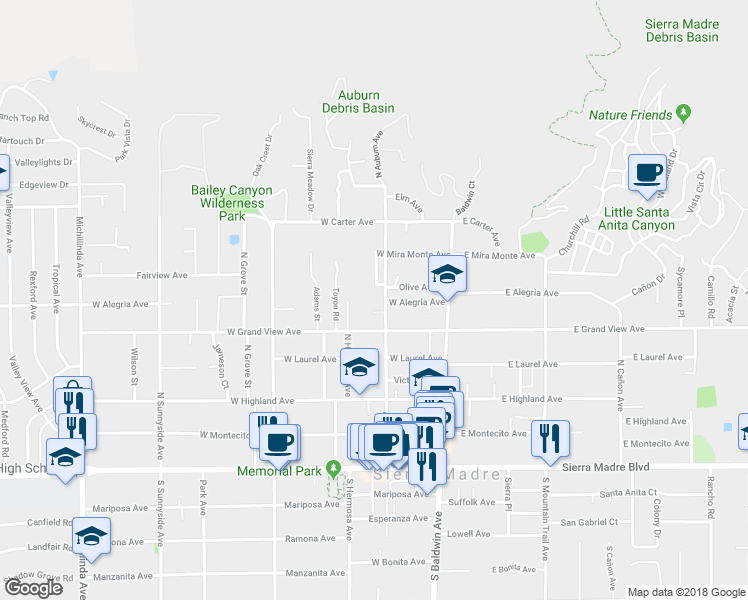 map of restaurants, bars, coffee shops, grocery stores, and more near 353 Auburn Avenue in Sierra Madre