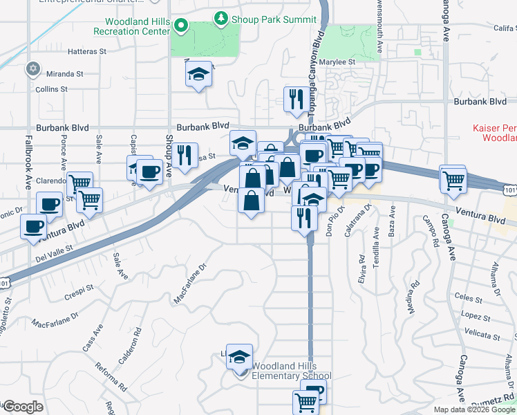 map of restaurants, bars, coffee shops, grocery stores, and more near 22140 Ventura Boulevard in Los Angeles