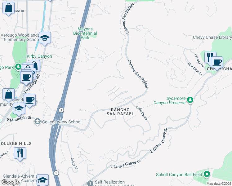 map of restaurants, bars, coffee shops, grocery stores, and more near 1904 Caminito De La Luna in Glendale